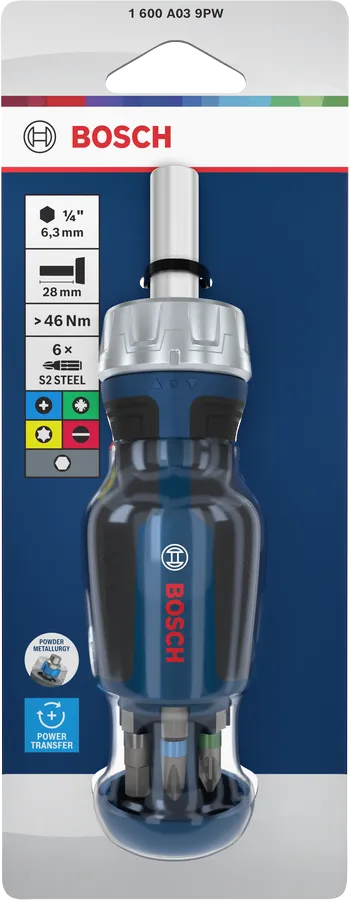 Bosch, sapında 6 adet uç bulunan, kısa uçlu cırcırlı tornavida.